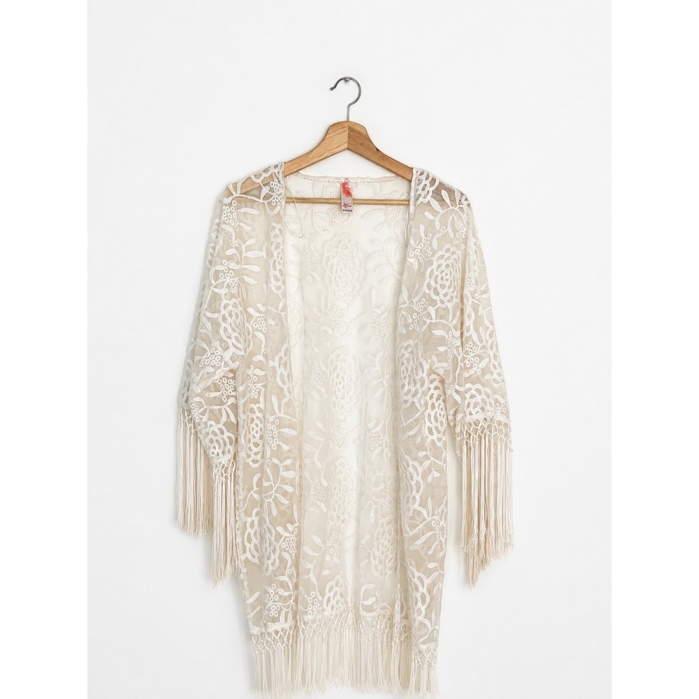 Ocean Club Cream Floral Lace Fringe Kimono Boho Cover Up Duster Womens UK 10-12